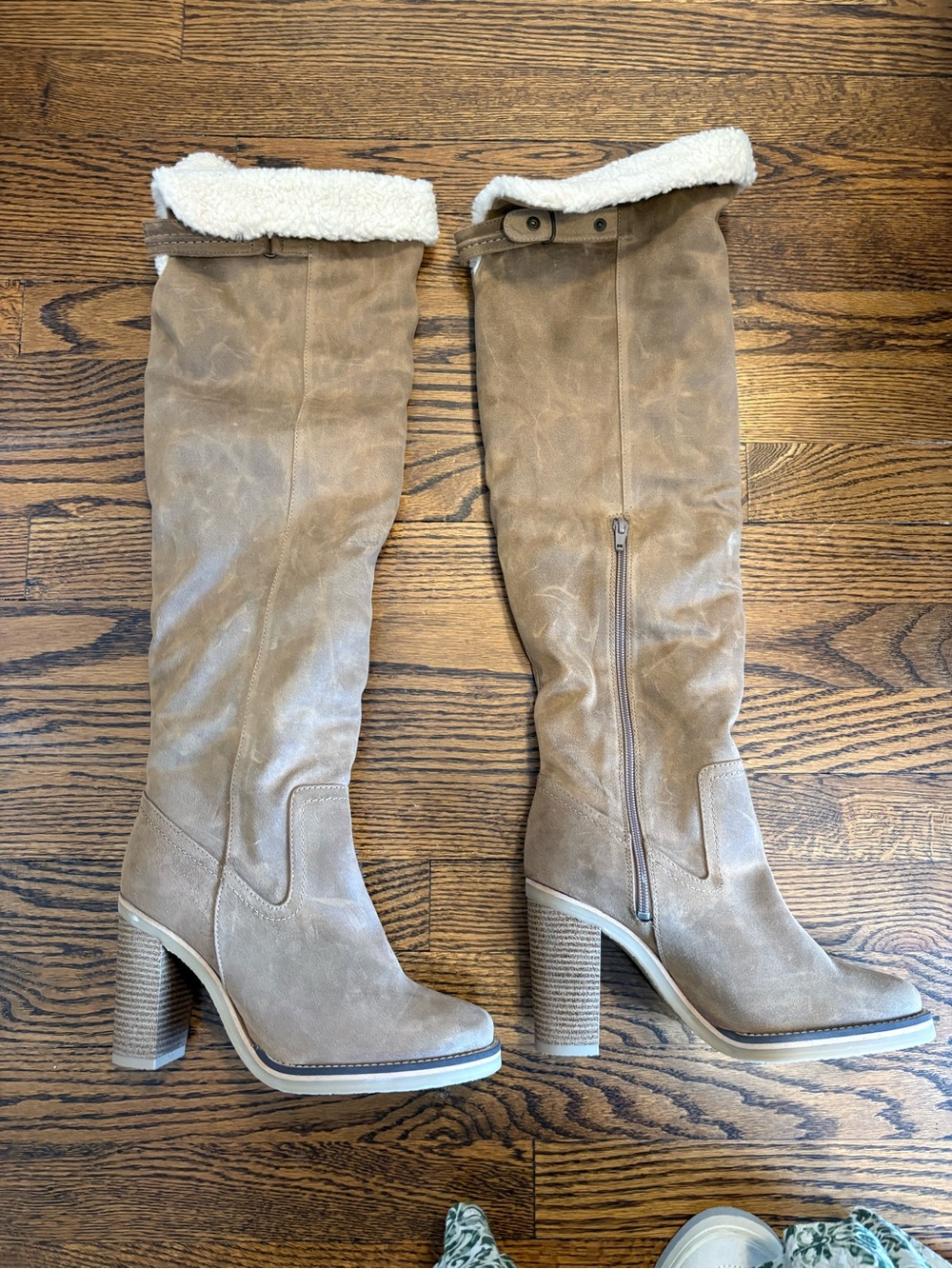 Free People Taupe Over-the-Knee Suede Heeled Boots with Sherpa Cuff